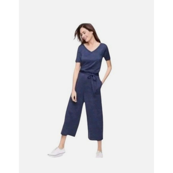 T by Talbots Pants - NWT T By Talbots Wide Leg Jumpsuit Women Small Blue V-Neck Pockets Crop Stretch